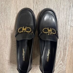 Salvatore Ferragamo Black Leather Loafers with Gold Detail